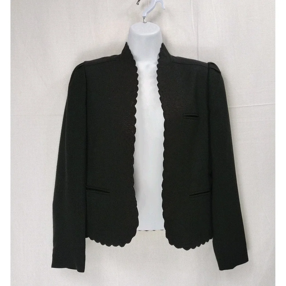 Vtg Sasson Paris Women's Blazer‎ 4/5 Collarless Blazer Jacket Scalloped Hem - Picture 2 of 12